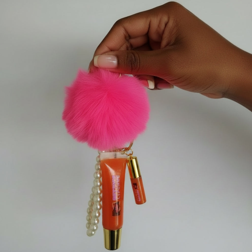LIP GLOSS WITH POM POM KEYCHAIN